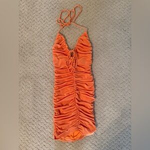 White Fox Orange Ruched Halter Dress